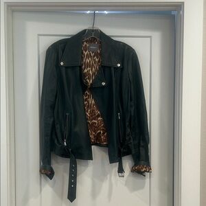 All Saints Hunter Green Leather Jacket with Leopard Accents